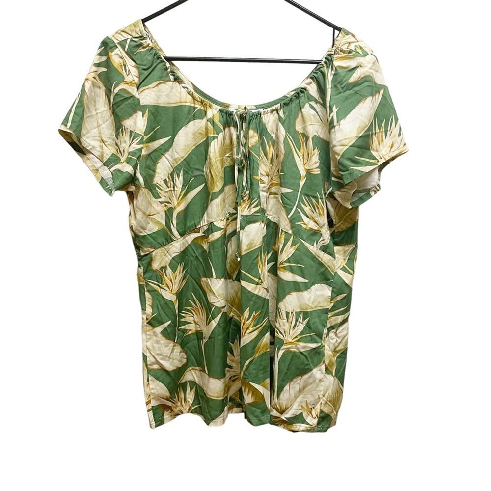 Hawaiian Reserve Collection Green & Beige Bird of Paradise Aloha Print Blouse XL